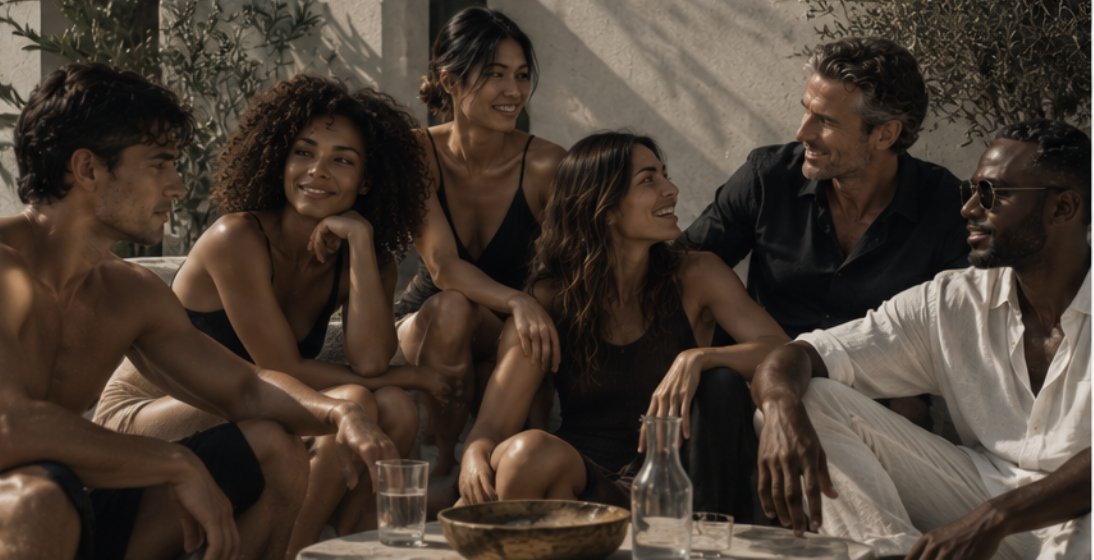 Group of friends with radiant natural skin gathered outdoors in warm sunlight